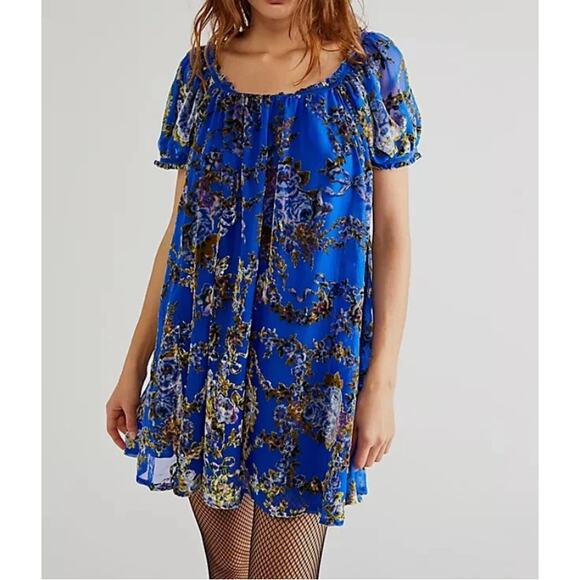 Free People Dresses & Skirts - Free People Beautiful Blooms Mini Dress Sz Med Royal Blue Velvet Burnout Floral